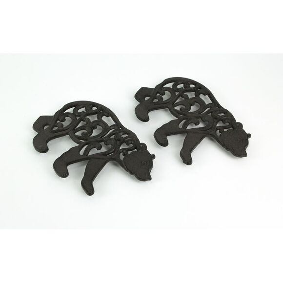 Set of 2 Black Enamel Cast Iron Bear Kitchen Trivets Lodge Decor - Picture 2 of 4